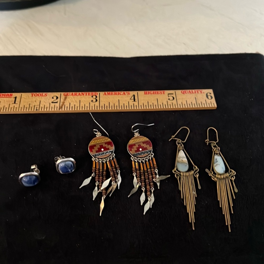 3 pairs southwest sterling lapis brass dangle earrings